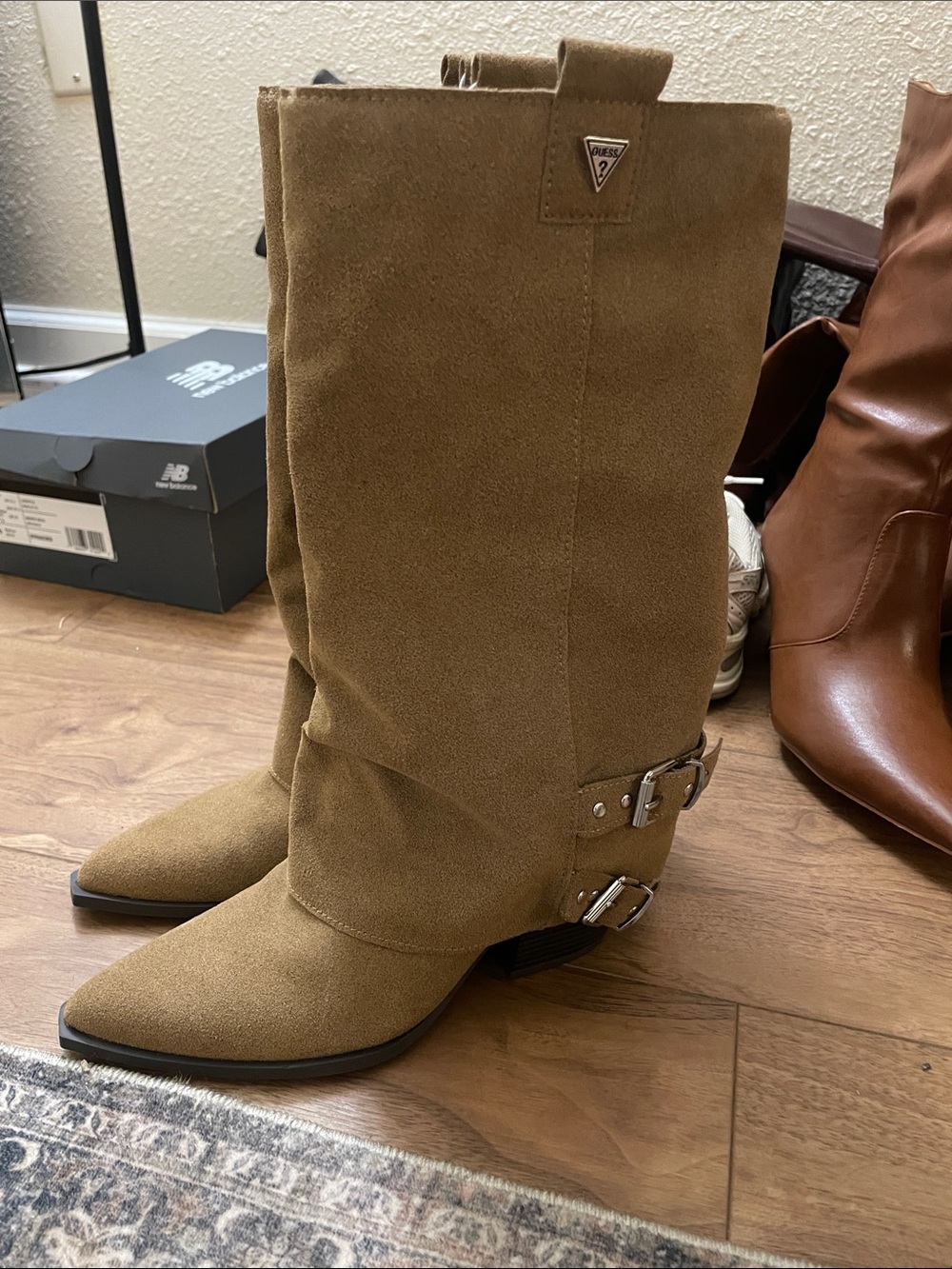 G by Guess Tan Suede Pointed-Toe Mid-Calf Boots with Buckles